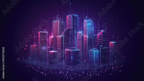 Futuristic city skyline, neon lights, digital architecture, vibrant colors