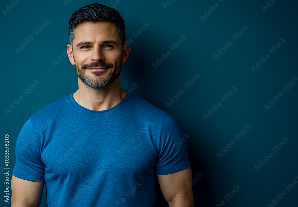 A handsome man with short hair and a beard, wearing a blue T-shirt, standing and smiling at the camera. A handsome man with short hair and a beard, wearing a blue T-shirt, standing and smiling at the camera.