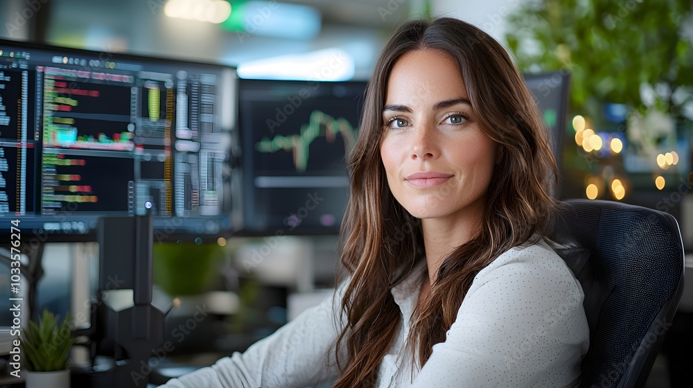 Successful financial analyst closely examining multiple computer monitors displaying real time market data charts and analytical dashboards in a modern office workspace Successful financial analyst closely examining multiple computer monitors displaying real time market data charts and analytical dashboards in a modern office workspace