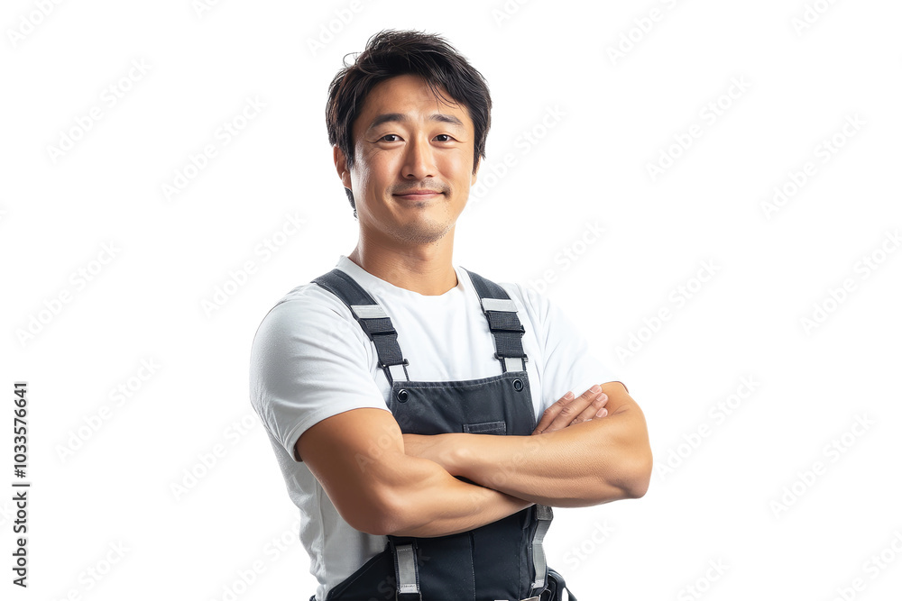 Cheerful Asian mechanic in overalls with arms crossed on a transparent background Cheerful Asian mechanic in overalls with arms crossed on a transparent background