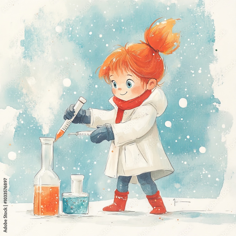 A cheerful girl in a white coat conducts a colorful science experiment. A cheerful girl in a white coat conducts a colorful science experiment.