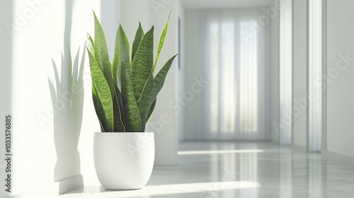 A large snake plant in a white planter, decorating the corner of a bright, spacious hallway.