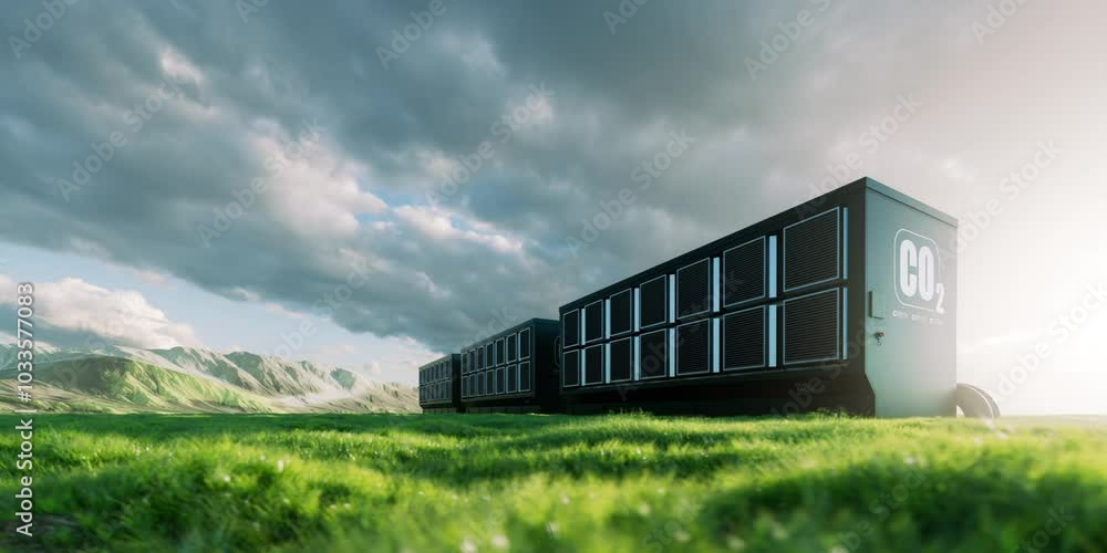 3D rendering of a carbon capture device in a green landscape ...