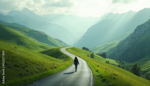 A scenic view of a man walking alone on a winding road through green mountains under a cloudy sky.