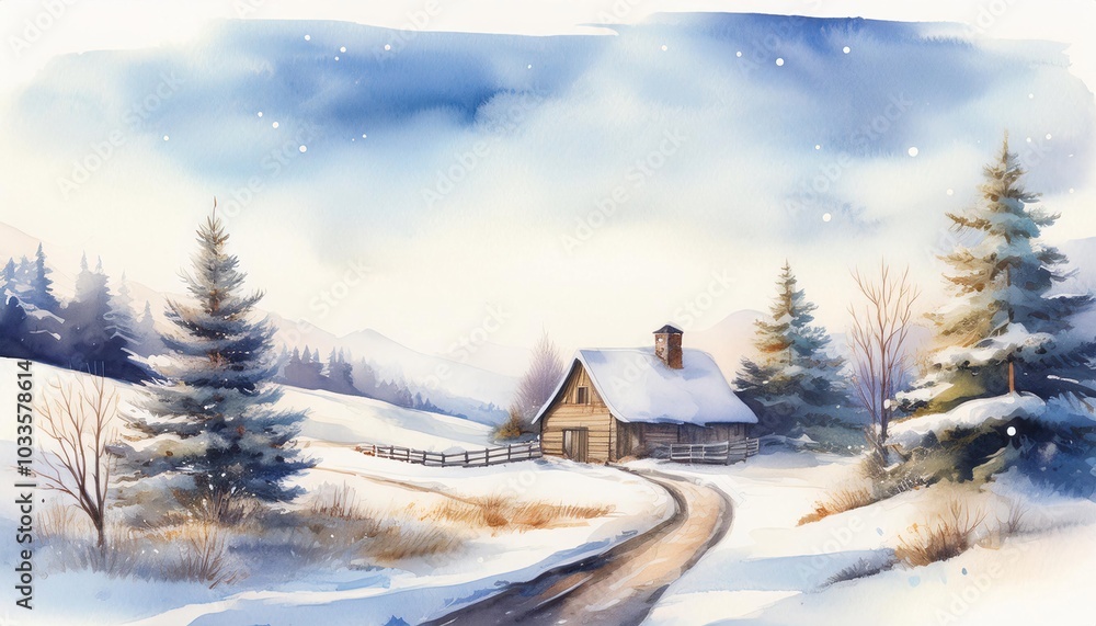 A snowy landscape with a road and a house, watercolor art style A snowy landscape with a road and a house, watercolor art style