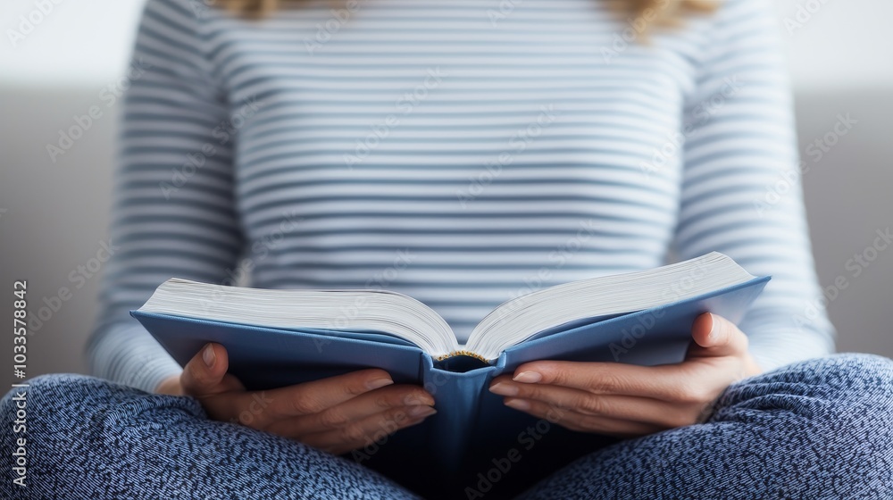 Fototapeta premium A cozy scene of a person reading a book while sitting comfortably, dressed in casual attire, showcasing the joys of literature and relaxation.