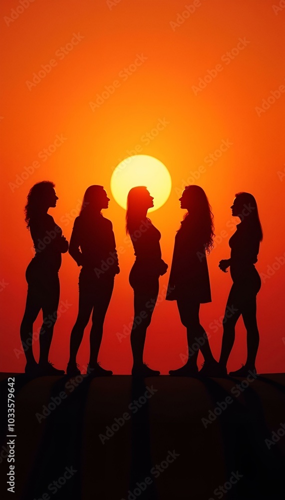 Silhouettes of five women celebrating International Women's Day against a vibrant sunset background Silhouettes of five women celebrating International Women's Day against a vibrant sunset background