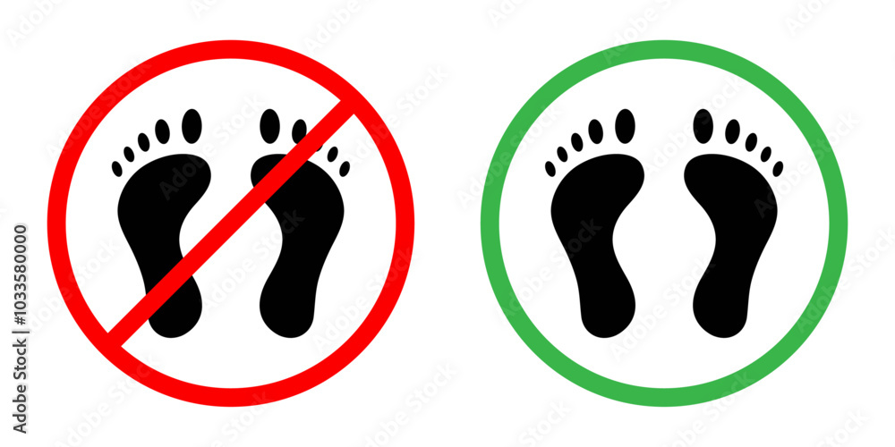 Vetor de Warning walk barefoot red and green signs symbol. Human ...