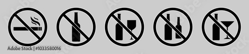 Set of silhouettes no alcohol or no smoking vector signs icon isolated set. Do not drink alcohol in this area. Prohibited icons of drink alcohol or no smoking sing symbol black color. Vector icons.