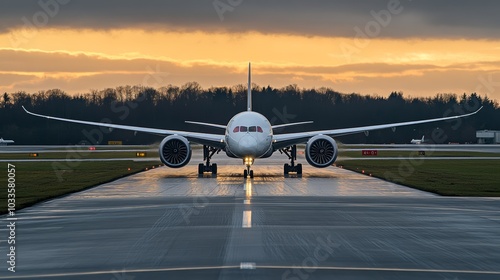 Large passenger airliner taxiing on the runway at sunset, with powerful engines and sleek design against a colorful sky