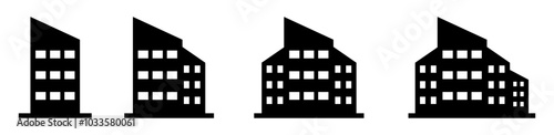 Silhouette building icon set in different shape. City building silhouette vector icon isolated set. Apartment illustration sign symbol black and white color. City buildings logo. Set of four.