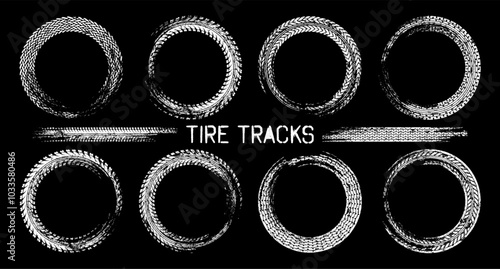 Grunge circle tire tracks, wheel braking marks. Truck, car or motorcycle tread pattern silhouettes. Auto race, motorsport, speed racing design element. Vector illustration