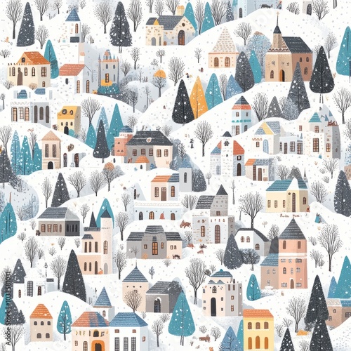 A whimsical winter village scene with colorful houses and snowy landscapes.