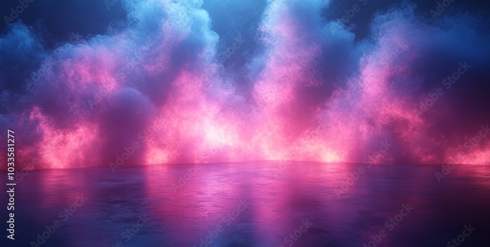 A dark room with no walls, neon lights, smoke, smog, blue and pink smoke, ultraviolet light. A dark room with no walls, neon lights, smoke, smog, blue and pink smoke, ultraviolet light.