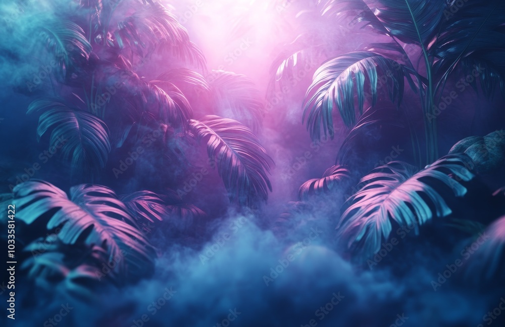 An empty room with brick walls, neon lights, and silhouettes of tropical leaves. An empty room with brick walls, neon lights, and silhouettes of tropical leaves.