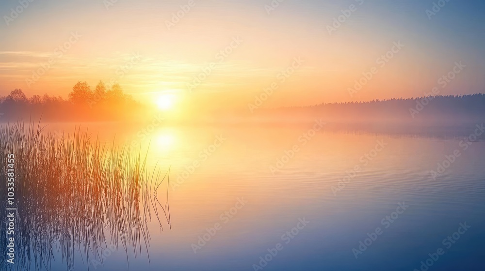 Fototapeta premium A vibrant sunrise over a tranquil lake, with the first light of day reflecting on the water, symbolizing renewal and fresh beginnings