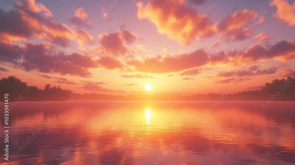 Fototapeta premium A vibrant sunrise over a tranquil lake, with the first light of day reflecting on the water, symbolizing renewal and fresh beginnings