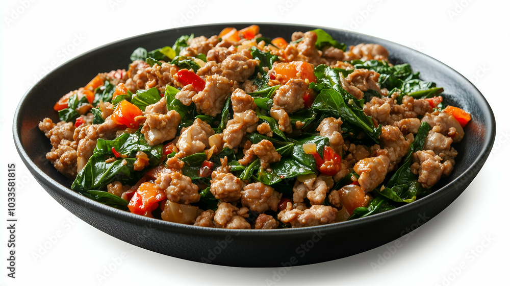 Stir-Fried Basil with Minced Pork and Vegetables - A savory dish of stir-fried minced pork with fresh basil leaves, red chilies, and colorful vegetables. Stir-Fried Basil with Minced Pork and Vegetables - A savory dish of stir-fried minced pork with fresh basil leaves, red chilies, and colorful vegetables.