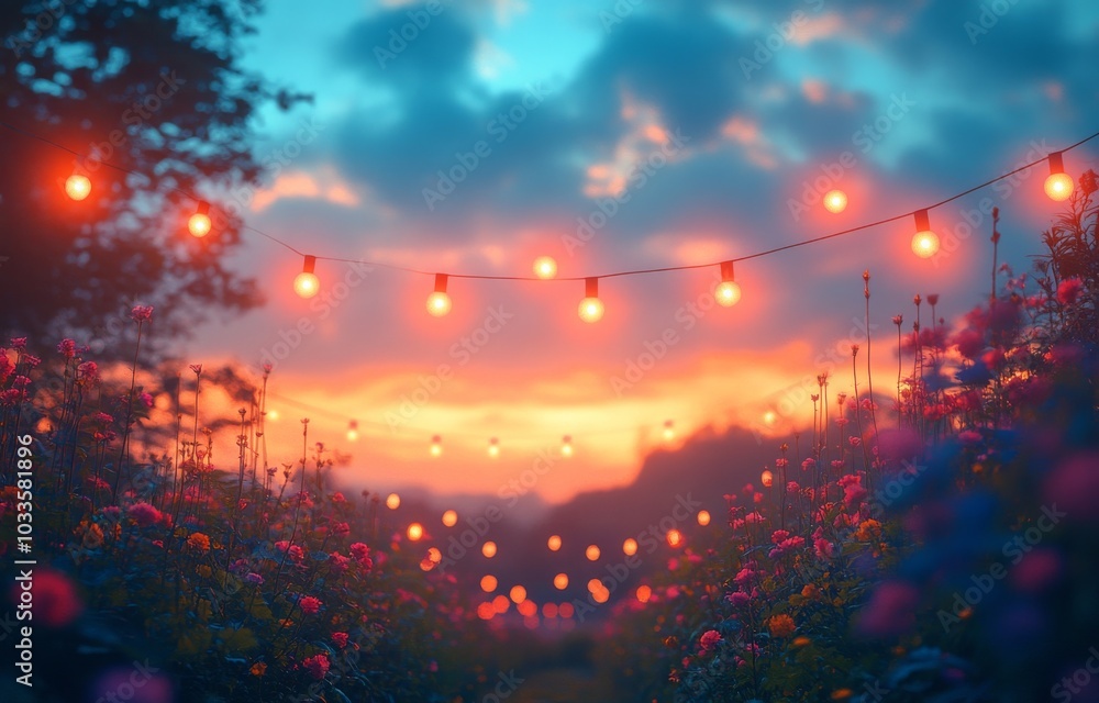 The bokeh light at sunset with yellow string lights in the decor of a beach restaurant has a blurred appearance The bokeh light at sunset with yellow string lights in the decor of a beach restaurant has a blurred appearance