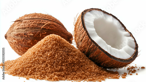 Coconut Sugar with Whole and Halved Coconuts on White Background - A pile of brown coconut sugar next to a whole coconut and a halved coconut, showing the white flesh inside.