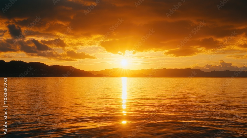 Obraz premium A majestic sunrise over a tranquil sea, with golden sunlight reflecting on the water, representing the promise of a new start