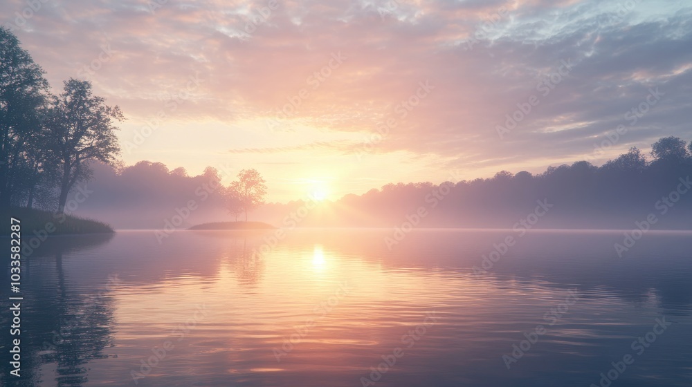 Fototapeta premium A peaceful sunrise over a calm lake, with the soft glow of the sun reflecting on the water, symbolizing the start of a fresh day