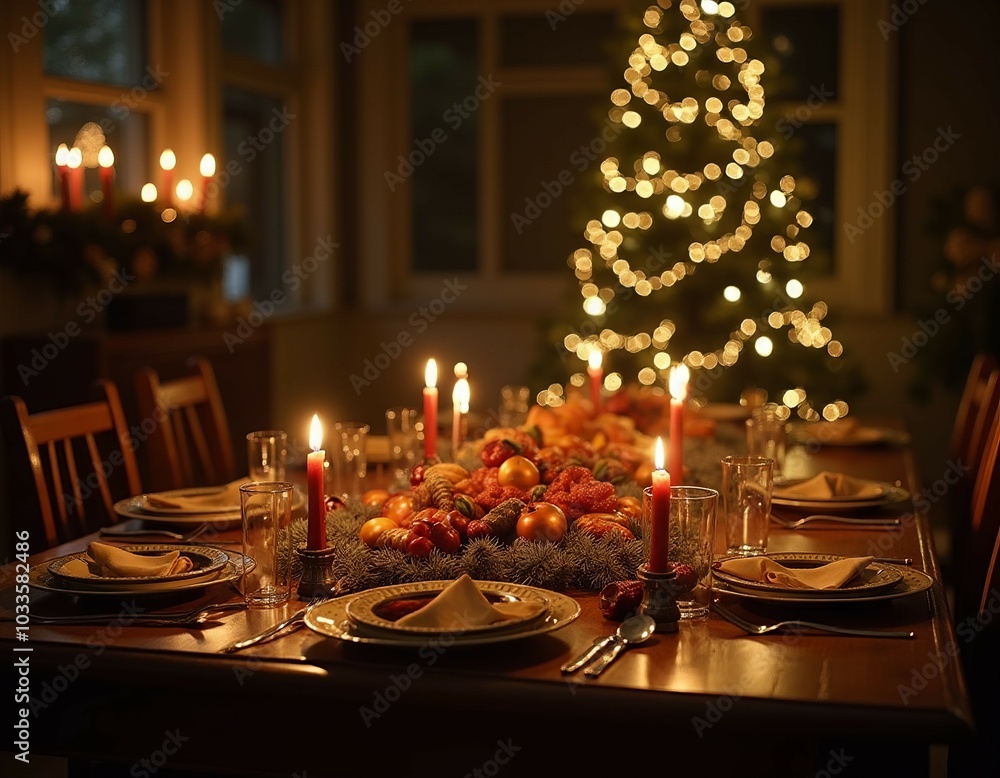 Elegant christmas dinner setting with candlelight and decorated tree Elegant christmas dinner setting with candlelight and decorated tree