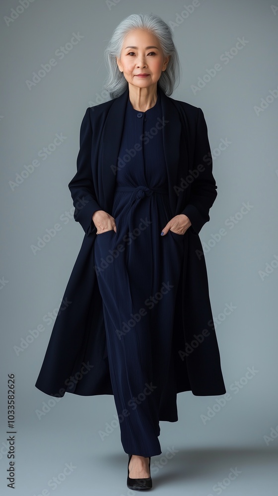 Naklejka premium Graceful Elderly Asian Woman in Sophisticated Outfit, Projecting Confidence and Heritage Against an Isolated Background, Highlighting Cultural Diversity