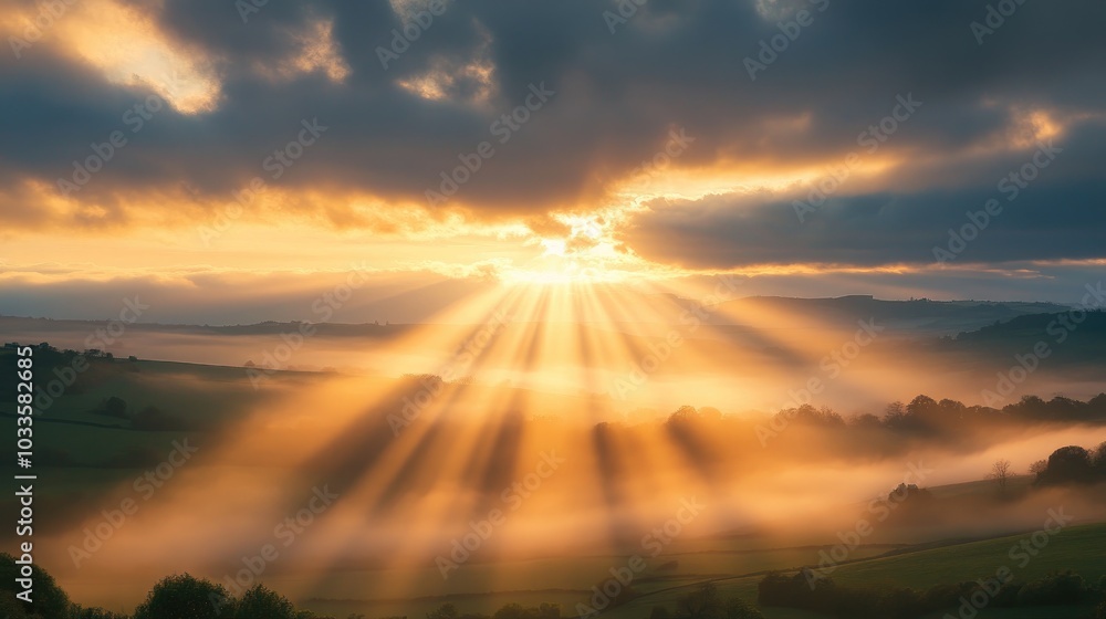 A serene sunrise over rolling hills, with golden rays of light breaking through the clouds, representing new beginnings and hope A serene sunrise over rolling hills, with golden rays of light breaking through the clouds, representing new beginnings and hope