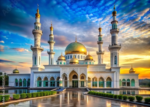 Mosque with Dome and Minarets, Islamic Historical Masjid Sunset Day and Night Drone Photography