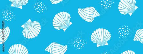 Seashells seamless pattern whit blue background.