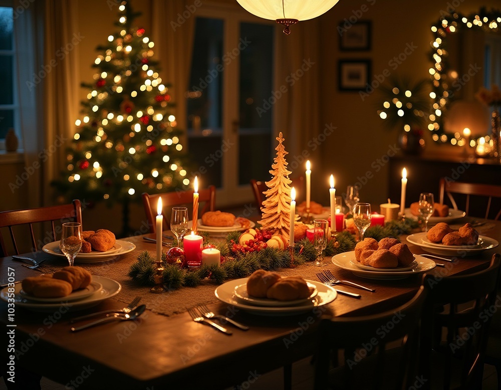 Cozy christmas dinner setting with candlelight and festive decorations for a warm holiday gathering Cozy christmas dinner setting with candlelight and festive decorations for a warm holiday gathering