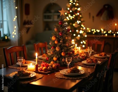 Cozy christmas dinner setting with festive decorations and candlelight