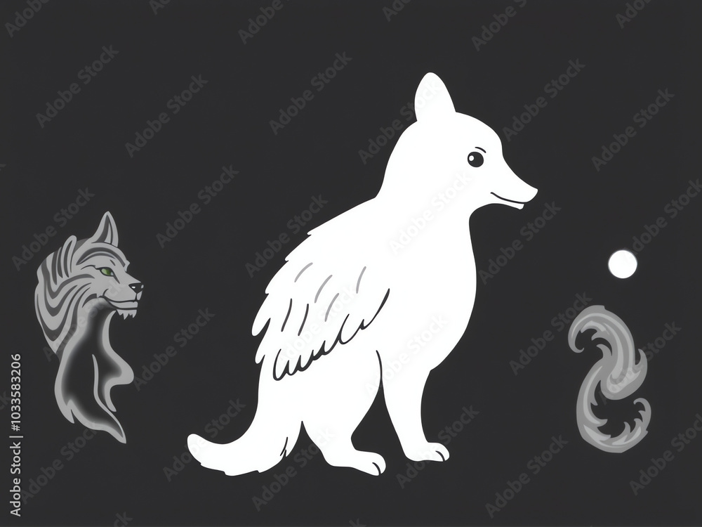 A white wolf and a cat sit side by side, showcasing an unlikely yet harmonious companionship in nature. A white wolf and a cat sit side by side, showcasing an unlikely yet harmonious companionship in nature.
