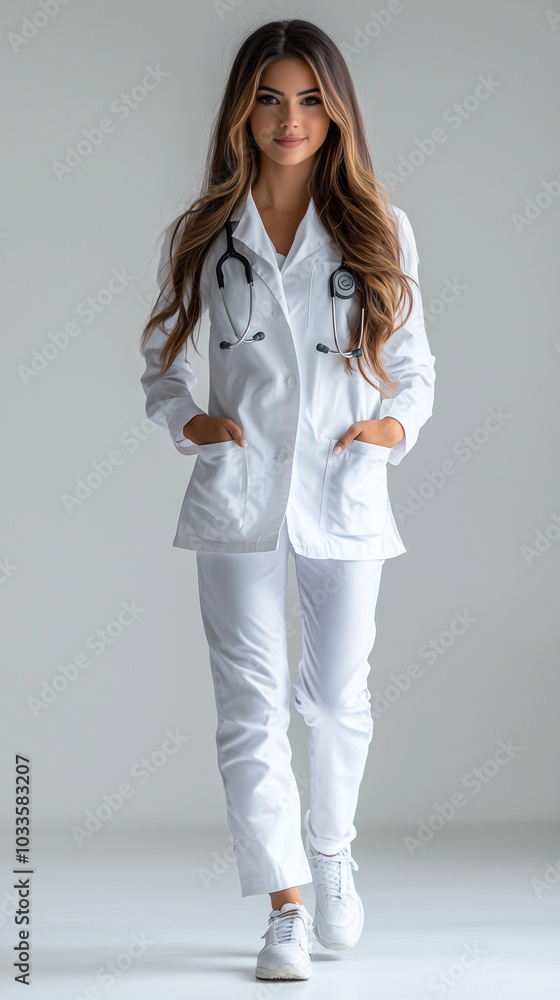 Caucasian Woman Dressed as a Doctor Posing Confidently Against an Isolated Background
Caucasian Woman Dressed as a Doctor Posing Confidently Against an Isolated Background