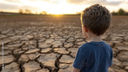 Climate change impact: young boy on cracked, arid land