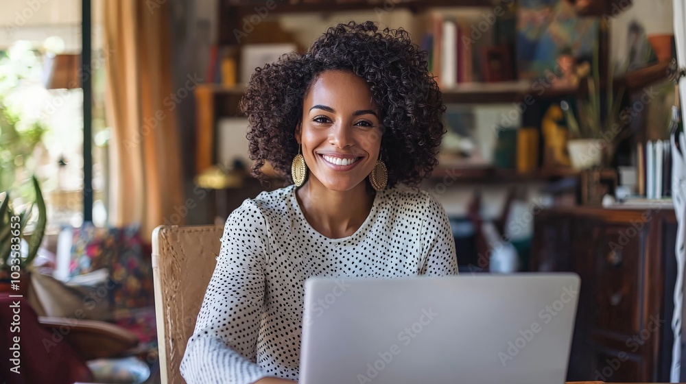 Virtual assistant enjoying work-life balance, smiling in a comfortable home office Virtual assistant enjoying work-life balance, smiling in a comfortable home office