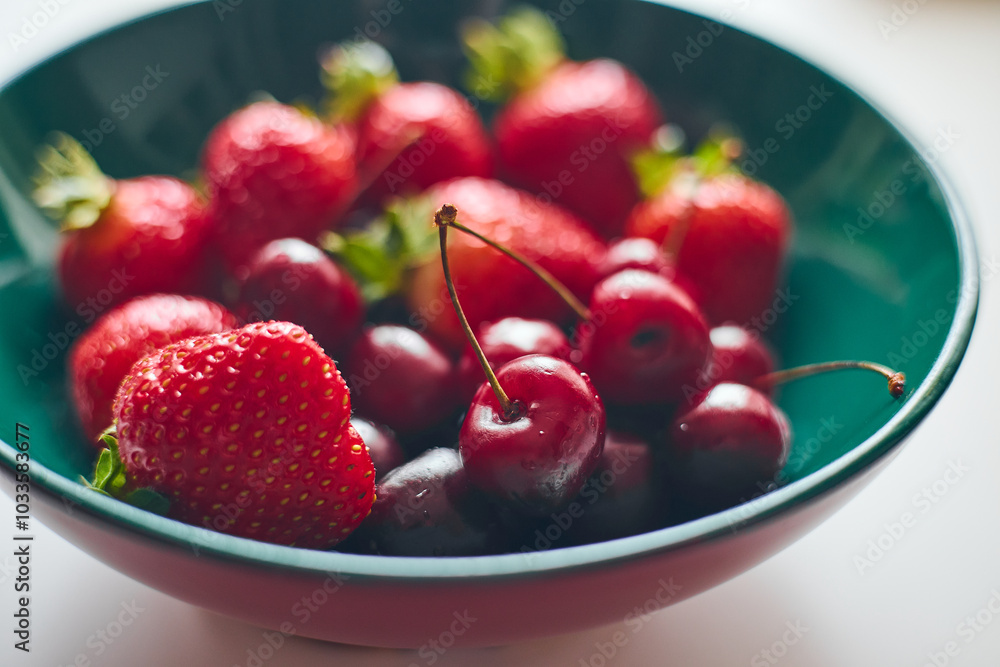 Strawberries and sweet cherries in a green plate, close-up Strawberries and sweet cherries in a green plate, close-up