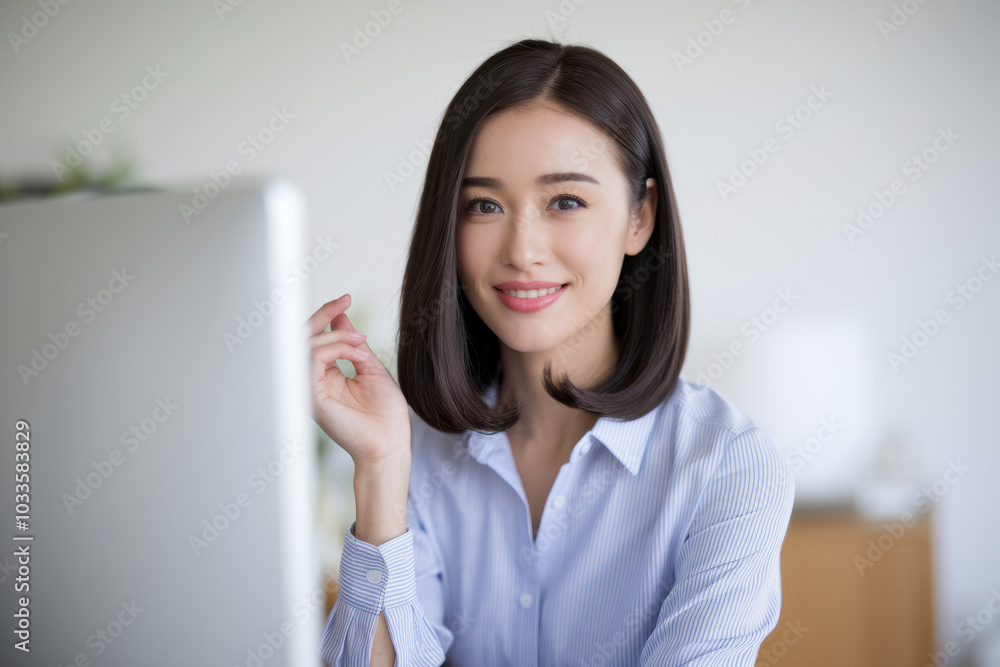 Attractive Asian woman, with shoulder-length straight hair, head set, looking at the screen, smiling at the camera Attractive Asian woman, with shoulder-length straight hair, head set, looking at the screen, smiling at the camera