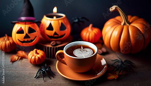 A cozy Halloween scene featuring carved pumpkins, a candle, and a warm cup of coffee with autumn elements and festive decorations.