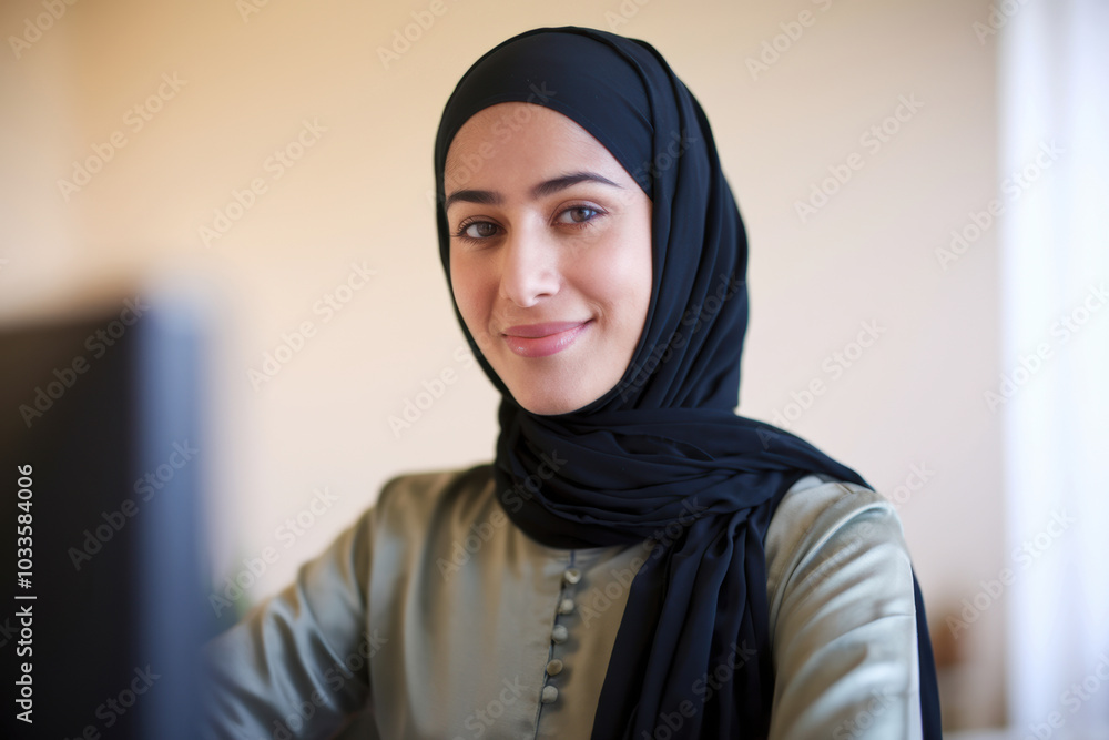 A young woman wearing a black hijab, softly smiles into the camera while seated in warm, soft office lighting A young woman wearing a black hijab, softly smiles into the camera while seated in warm, soft office lighting