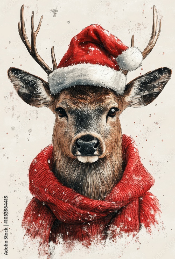 An image of a wild deer wearing a Santa Claus hat during the Christmas season An image of a wild deer wearing a Santa Claus hat during the Christmas season