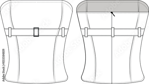 sleeveless strapless neck belted zippered  tailored darted fit body con blouse top template technical drawing flat sketch cad mockup fashion woman design style model 
