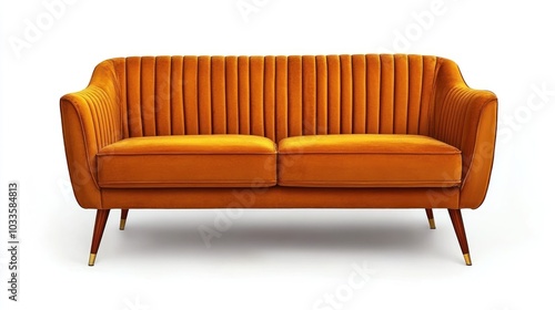 A stylish orange velvet sofa with vertical stitching and wooden legs, ideal for modern interiors.