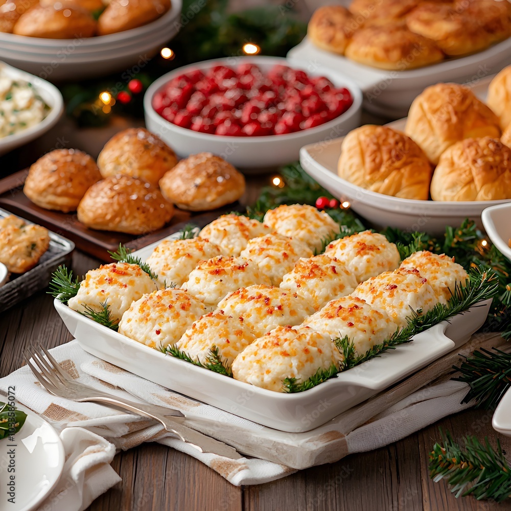Festive holiday spread featuring savory baked goods and sides Festive holiday spread featuring savory baked goods and sides