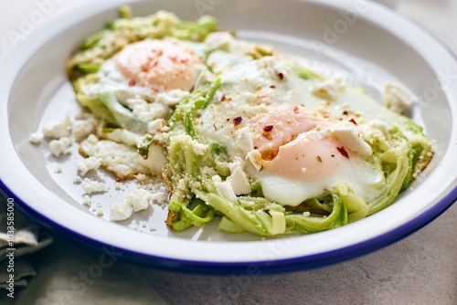 Breakfast with fried egg in zucchini noodles nest with feta cheese, healthy breakfast, close up