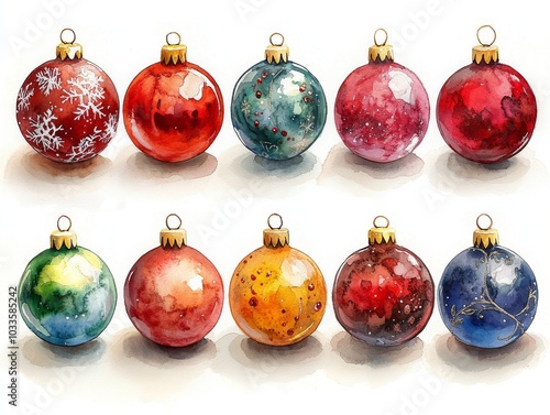 Hand painted watercolor Christmas balls on a white background. Holiday design elements.