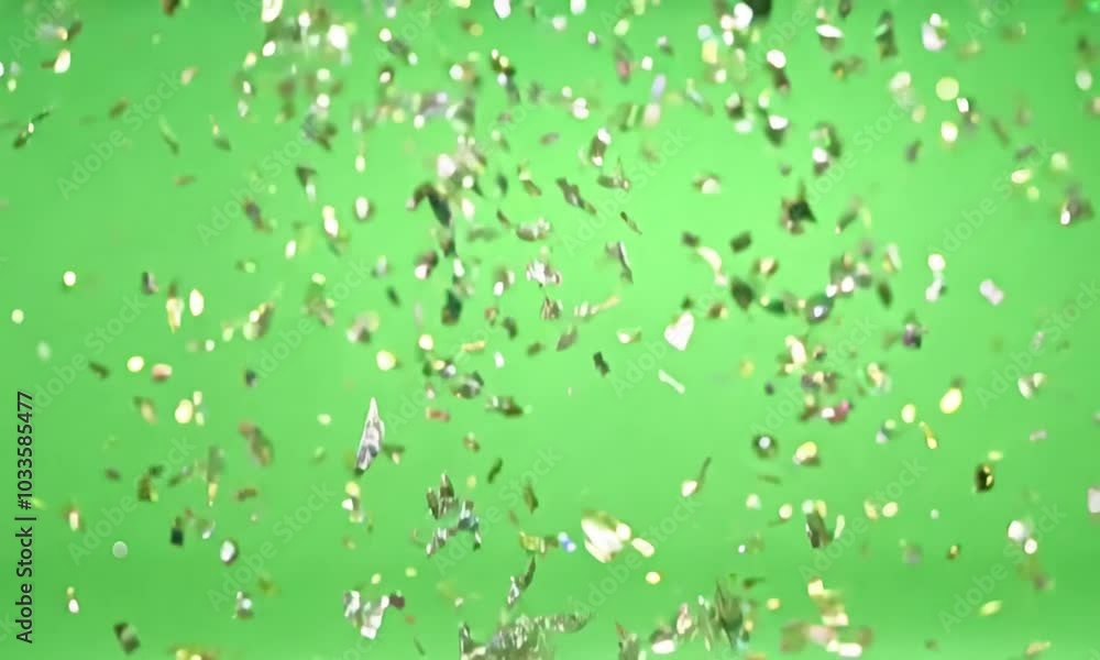 A stream of metallic confetti swirling in the air, reflecting light as it dances and spins, displayed against a green screen background
