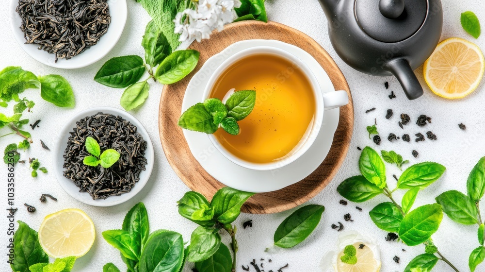 Discover tranquility with a cup of black tea beside a small bowl of green leaves on a wooden plate, all complemented by natural light and a stylish minimalist backdrop Discover tranquility with a cup of black tea beside a small bowl of green leaves on a wooden plate, all complemented by natural light and a stylish minimalist backdrop