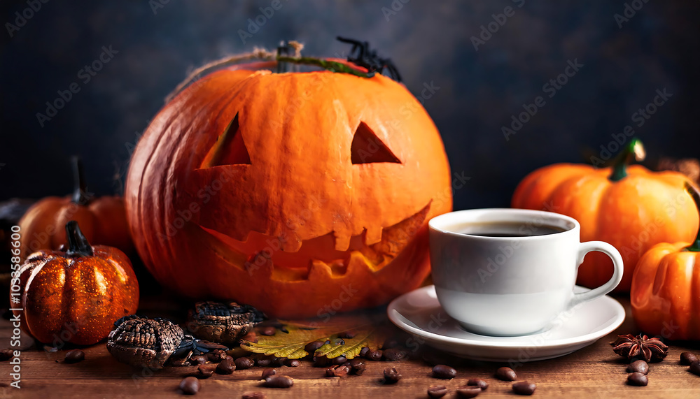 A festive Halloween scene featuring a carved pumpkin, coffee cup, and decorative pumpkins, perfect for autumn-themed visuals. A festive Halloween scene featuring a carved pumpkin, coffee cup, and decorative pumpkins, perfect for autumn-themed visuals.